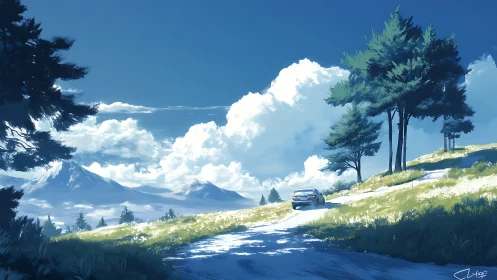 Skyward road trip under daydream clouds and mountain hush.