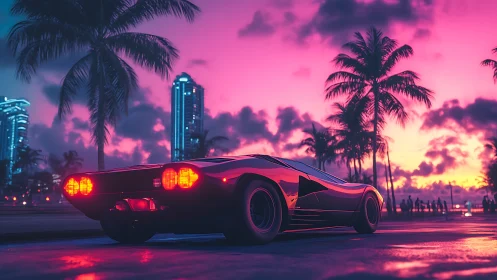 Low sports car on coastal boulevard at neon sunset.