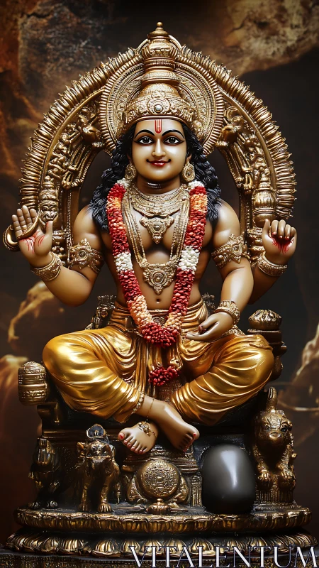 Highly detailed golden deity statue with intricate ornamental carvings