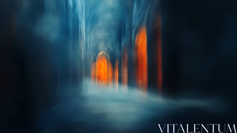 Luminous cathedral corridor where blue mist meets ember light.