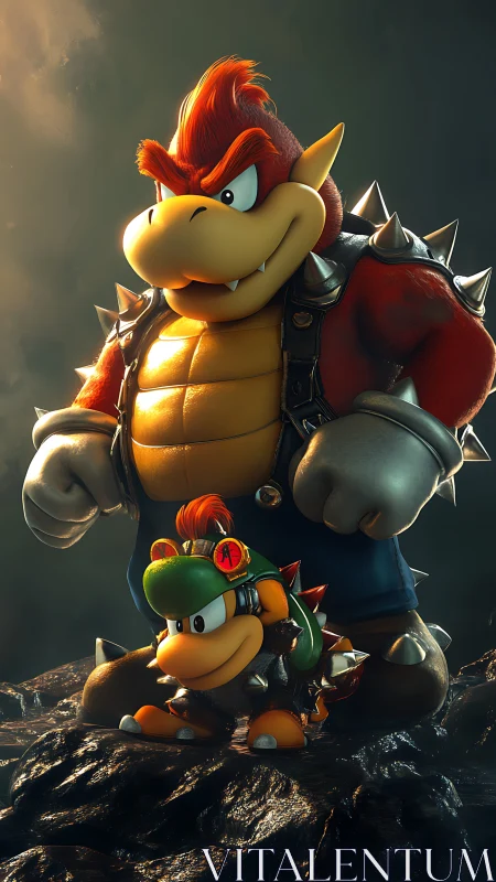 3D villain duo portrait with cinematic rim lighting and armor.