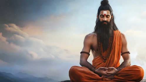 Mountain sage in sunrise meditation over drifting clouds.