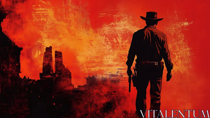 Lone cowboy strides through a burning sunset frontier.