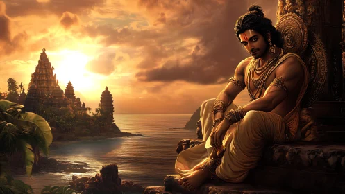 Male figure sits by coastal temple complex at sunset