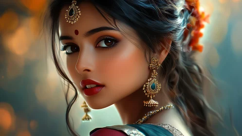 Digital portrait of adorned woman with jeweled bindi and earrings.