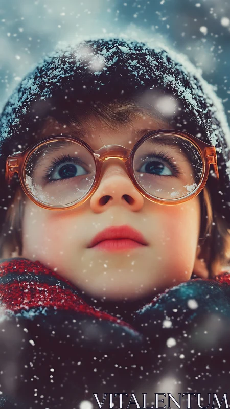 Child in Winter Attire with Glasses in Snowfall