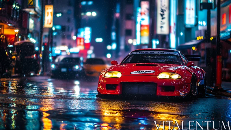 Neon rain crowns a crimson street racer in midnight traffic