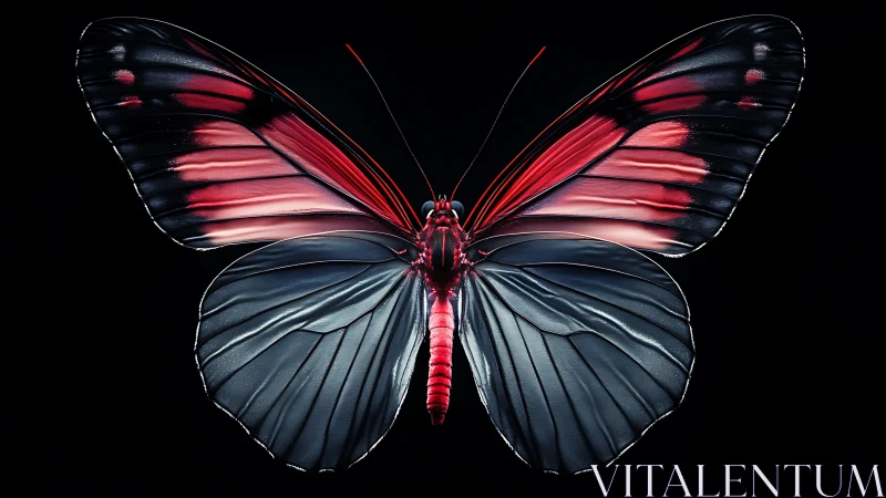 Red and black butterfly with detailed glossy wings on black
