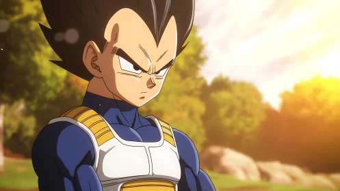 Armored anime warrior under warm backlit forest sunset lighting