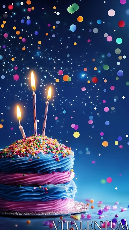 Colorful Birthday Cake with Lit Candles and Magical Sparkles.