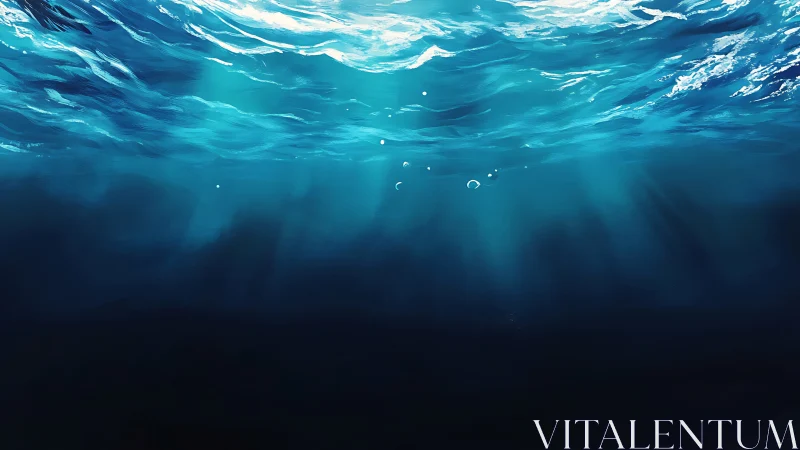 Sunlit underwater ocean view with deep blue water.