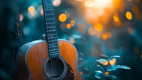 Sunlit forest guitar resting in a dreamy bokeh glow.