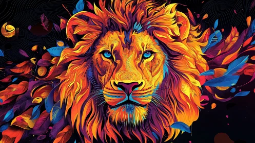 Vibrant multicolor lion portrait on dark abstract background.