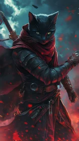 Black feline swordsman stalks through emberlit storm night.