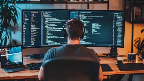 Headphoned night coder amid twin screens of neon syntax.