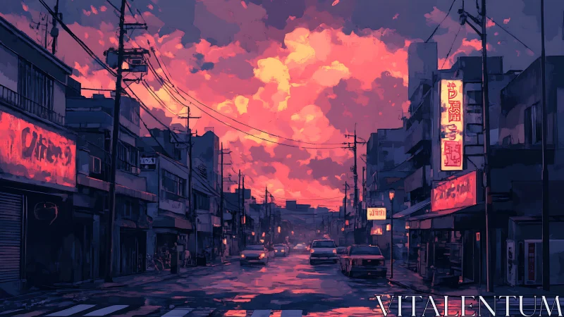 Digital painting of neon urban street under vivid dusk sky.