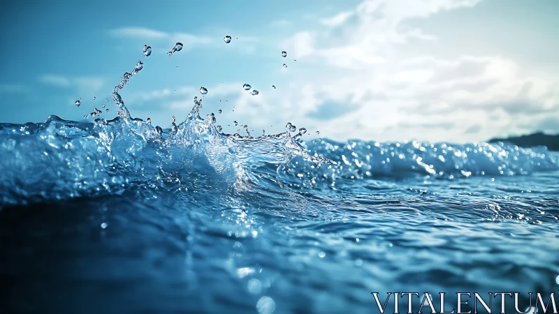 Sparkling ocean wave dancing under a soft blue sky.