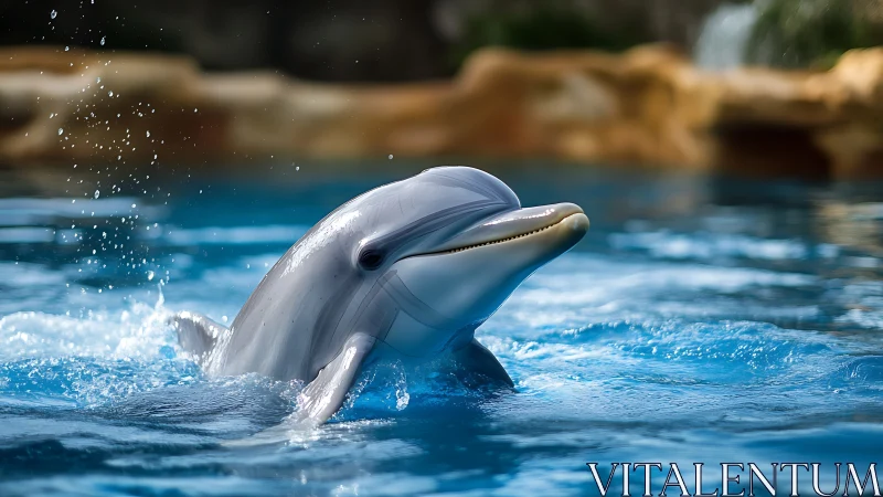Bottlenose dolphin breaks surface in controlled pool environment