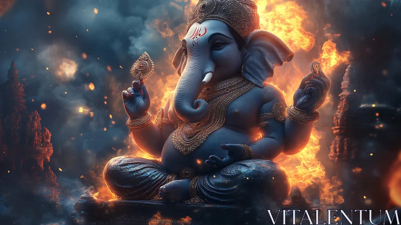 Divine Ganesha rendered in dramatic 3D with fiery backlight
