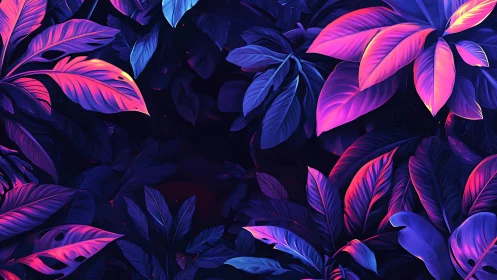 Neon tropical leaves surround dark empty center space