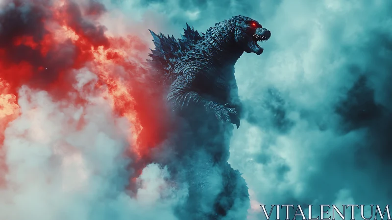 Colossal reptilian kaiju emerging through bicolor volcanic fog
