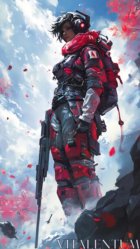 Armored figure with rifle in red gear on rocky ledge.