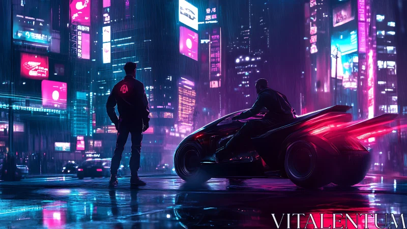 Neon rain showdown between lone rider and chrome-lit driver.