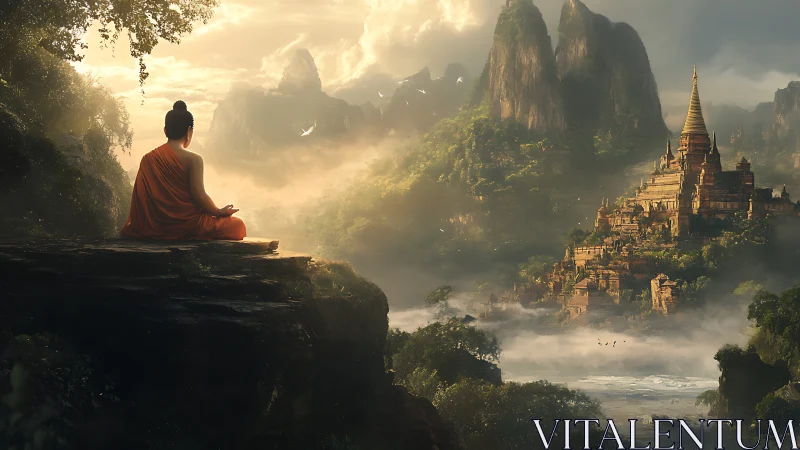 Monk in sunrise meditation above misty temple valley