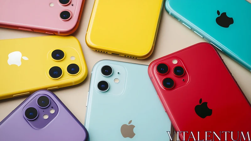 Colored smartphones lie arranged with rear dual camera modules