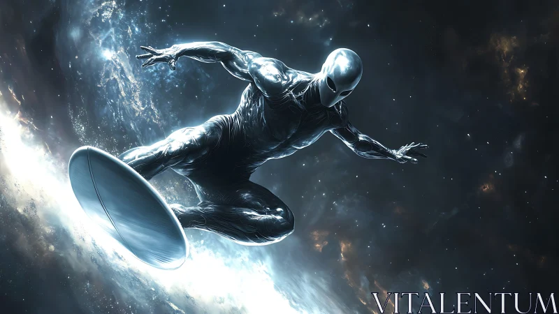 Chrome cosmic surfer cuts through luminous stellar currents.