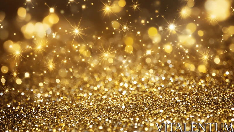 Photorealistic gold glitter field with luminous bokeh highlights.