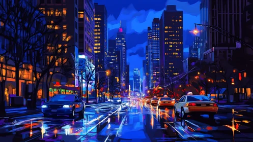 Digital painting of neon-lit wet city street with taxis at dusk.