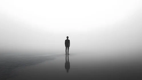 Minimalist silhouette in fog with reflective negative space focus.