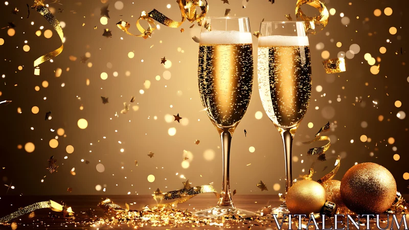Sparkling champagne flutes rise amid golden festive confetti