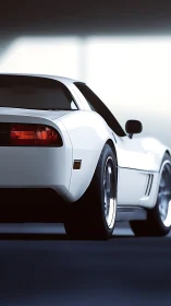 Midnight white sports coupe poised in cinematic garage hush.