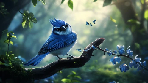 Blue Songbird on Branch in Magical Forest, Digital Art Style.
