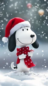 Festive cartoon beagle in snow with Santa hat and scarf.