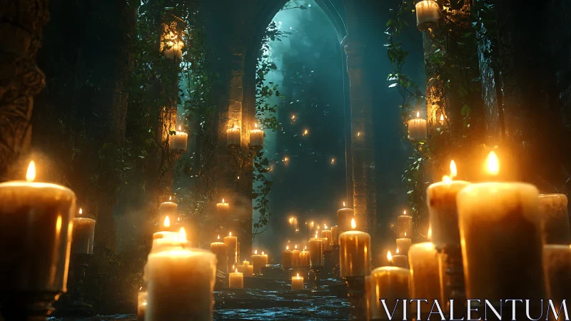 Candlelit ruined cathedral corridor glows through mist