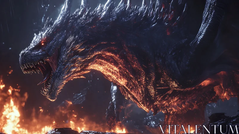 Infernal dragon roars amid molten fire and storm-lit night.