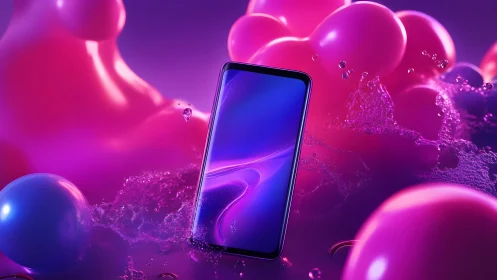 Modern smartphone in vibrant neon abstract setting, digital art style.