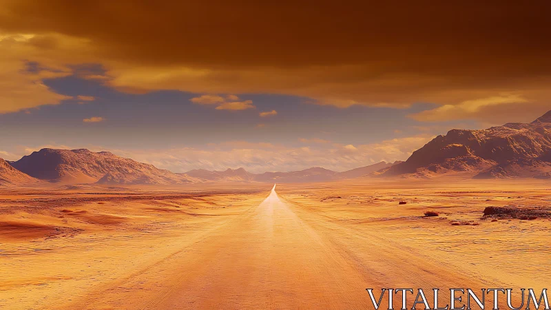 Endless desert highway unfolds beneath a burning amber sky