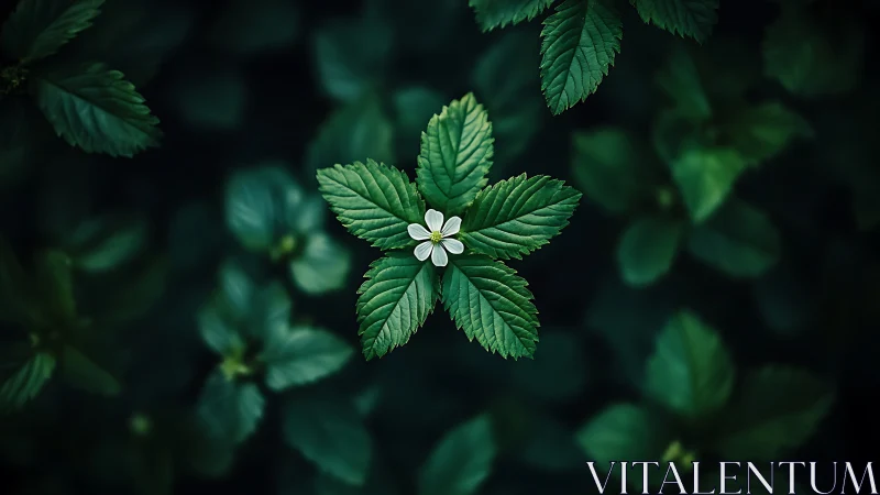 Quiet forest flower rests gently at the heart of green leaves