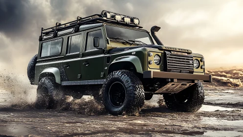 Off-road expedition SUV charging through wet desert mud.