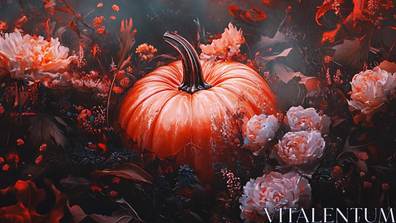 Autumn pumpkin amid glowing crimson floral fantasy garden.