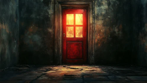 A Glowing Red Door in Darkness