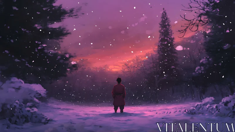 Solitary figure in violet snowfield under luminous winter sky.