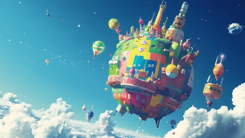 Floating spherical cityscape amid clouds and sky.