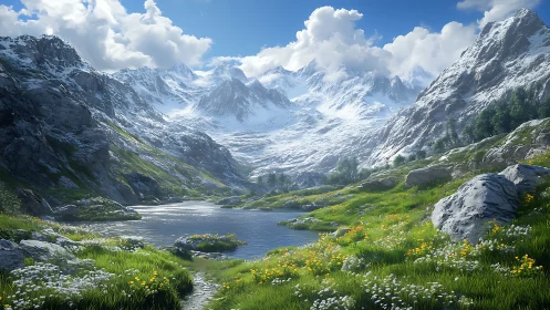 Snowcapped mountain valley frames reflective alpine lake