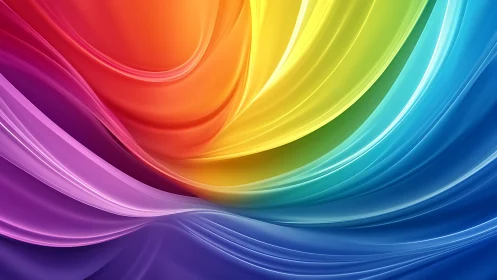 Radiant ribbons of color sweep across a glowing rainbow sky