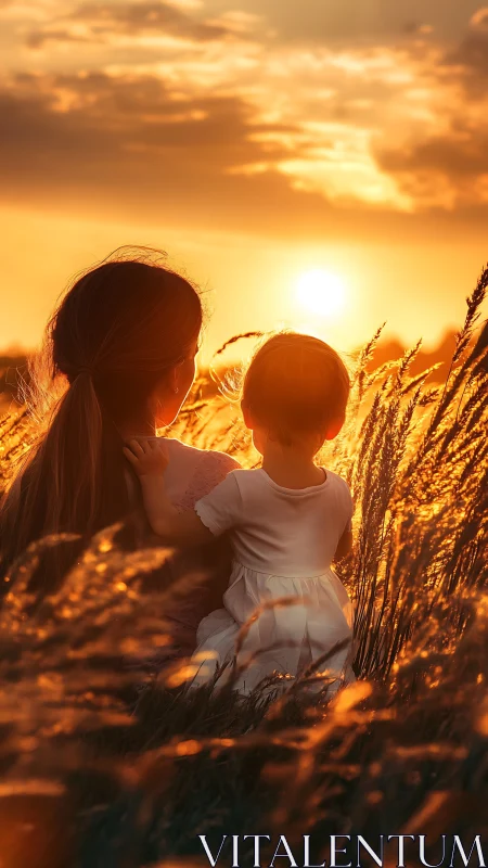 Photorealistic sunset portrait of mother and child silhouettes.